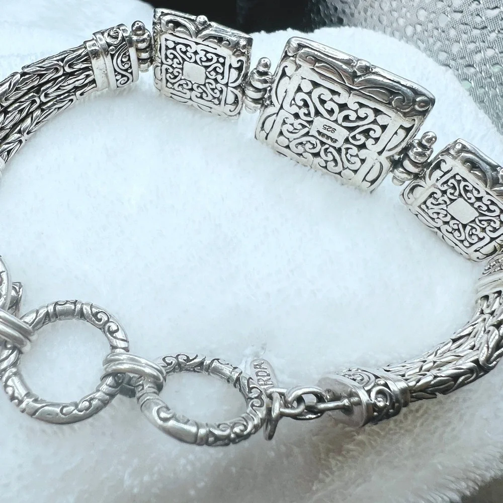 Sterling Silver Sarda Panel Bracelet Raised Square Floral Toggle Clasp Open Work